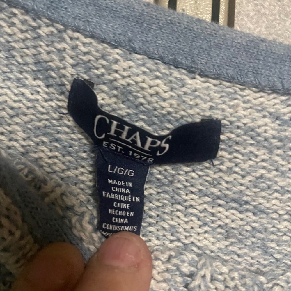 Chaps Womens Blue White Marled Cable Knit Back Crew Neck Sweater Large L - Picture 4 of 6
